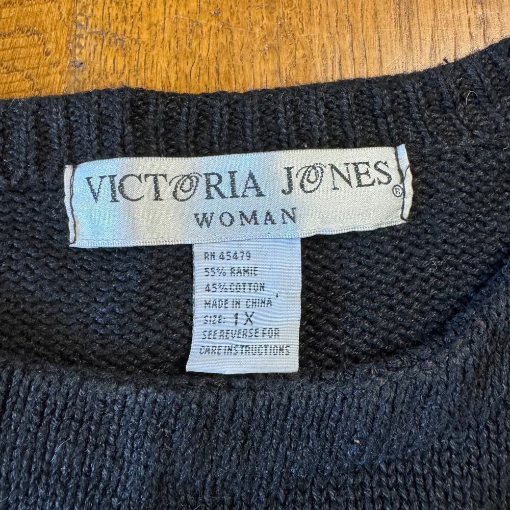 VTG Victoria Jones Christmas Tree Sweater Black Beaded Embroidered Plus Size 1X - Picture 2 of 6